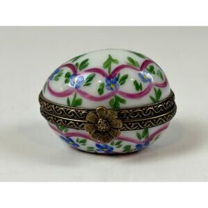 Limoges France Peint Main Egg Trinket Box Hand Painted Floral Porcelain